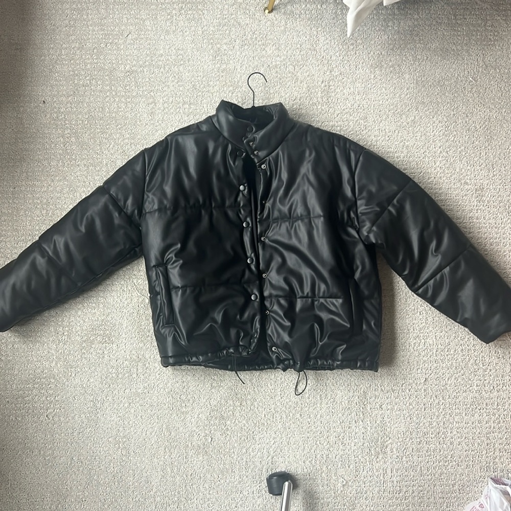 Rails Black Faux Leather Puffer Jacket, size Large